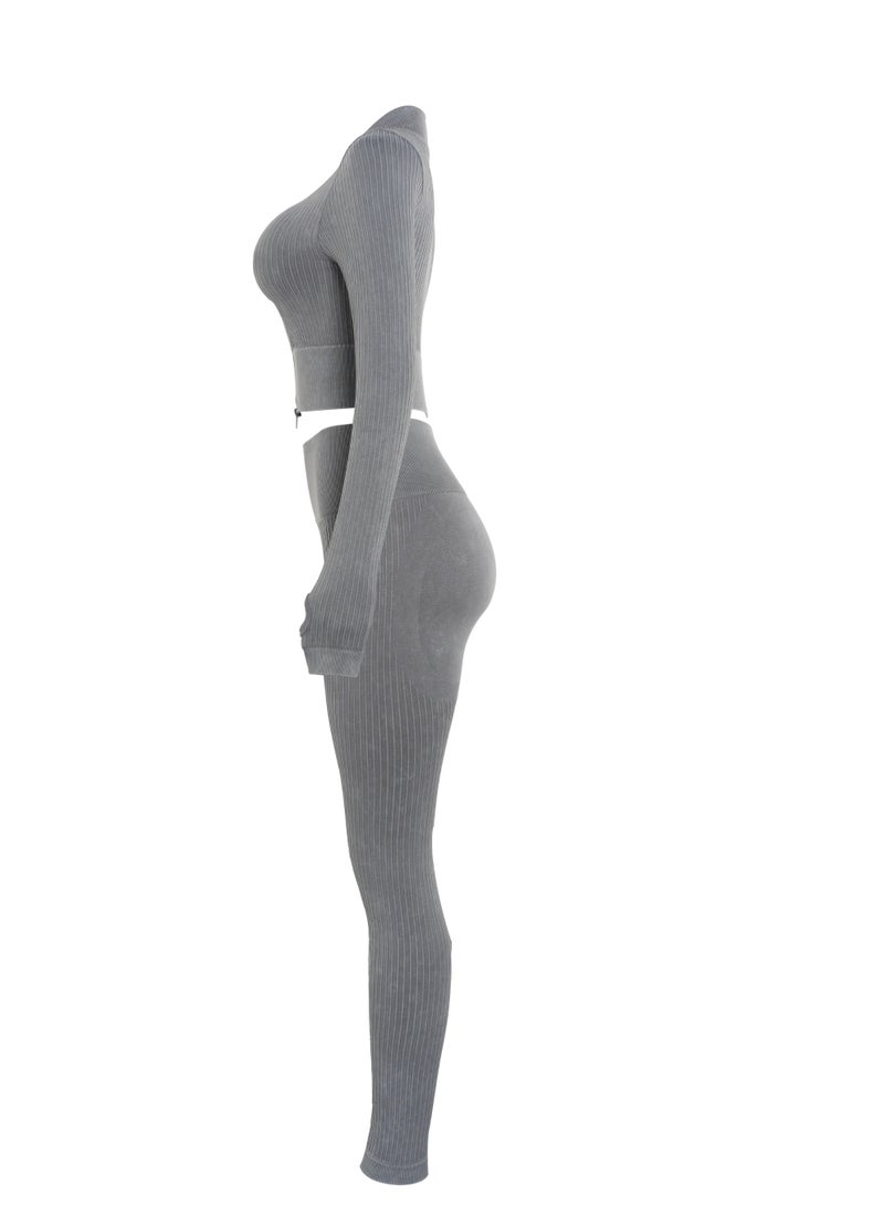 طقم يوغا نسائي بطول كامل وسحاب - أكمام طويلة وبنطال، ملابس رياضية مرنة وضيقة مثالية لليوغا والجيم والتمارين الخارجية - Image 4