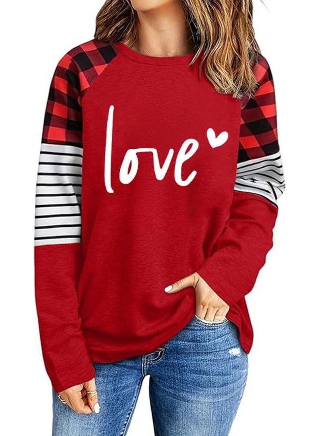 TIXOM Women's Valentine's T-Shirt Leopard Stripe Splicing Sleeve Raglans Shirt Love Heart Printed Buffalo Plaid Graphic Tees, 25-red-1, L - Image 2