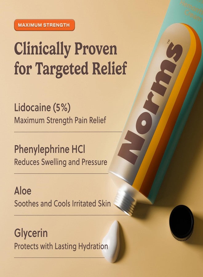 Norms Hemorrhoid Treatment Cream, Max Strength 5% Lidocaine, Rapid Relief for Hemorrhoidal Pain, Swelling, Itching, with Phenylephrine HCL, Aloe & Glycerin – Big Squeeze 2oz Tube - Image 2