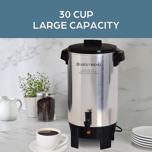 West Bend Coffee Urn Highly-Polished Aluminum Features Automatic Temperature Control with Cup Per Minute Brewing and Easy Clean Up Includes In-Basket Measuring Guide and Ready Light, 30-Cup, Silver - Image 3