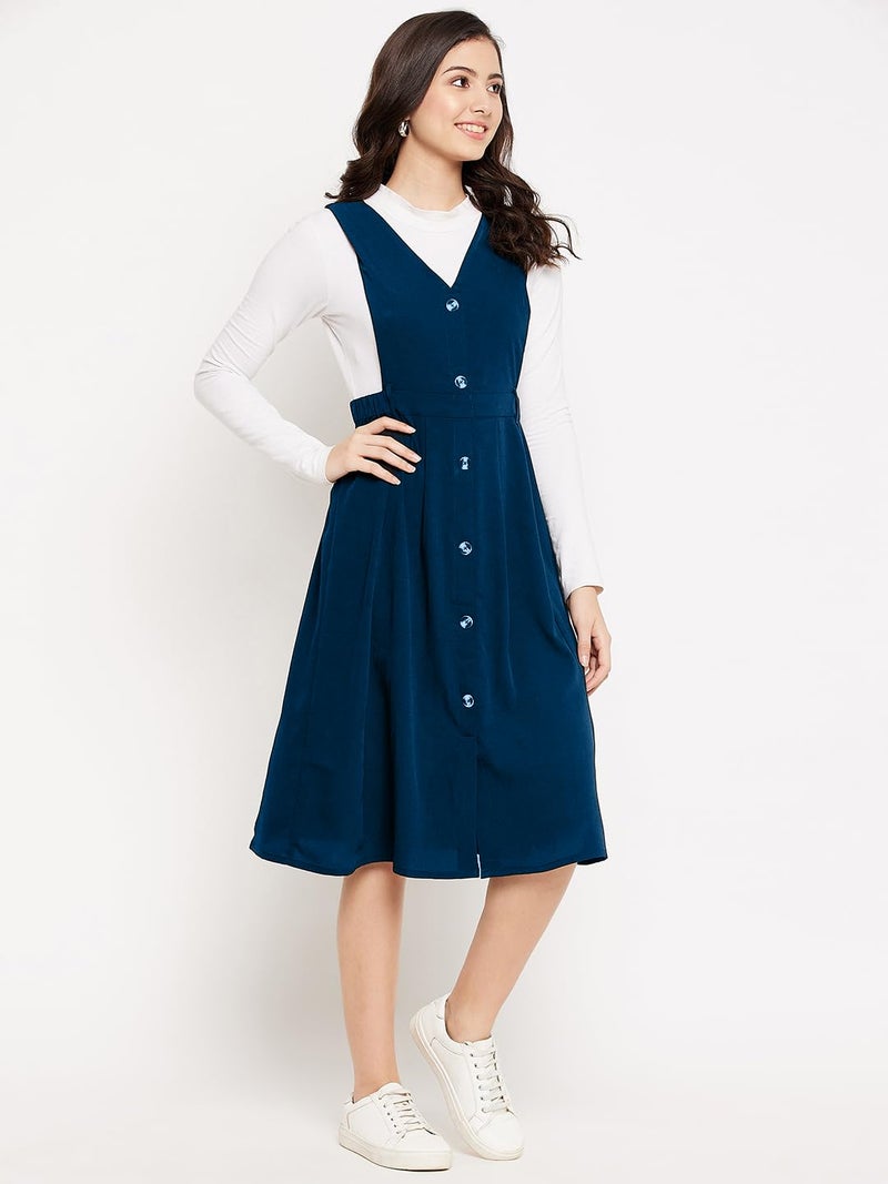 WineRed Women Blue Solid Pinafore Dress with Button - Image 4