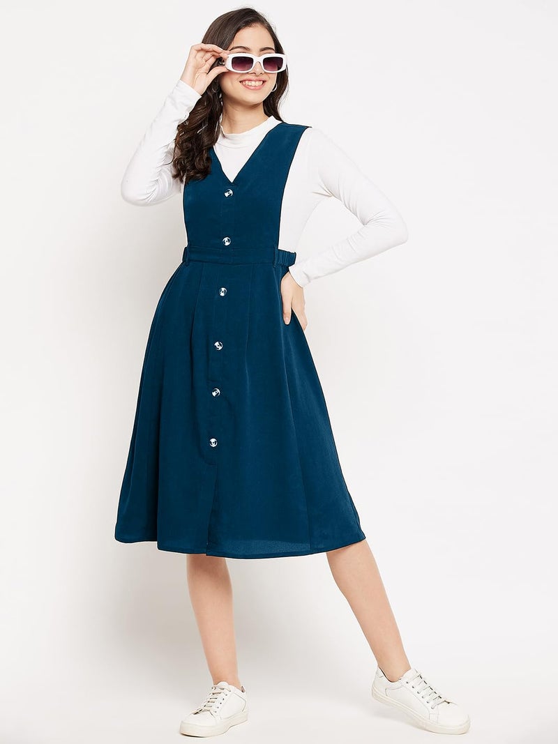 WineRed Women Blue Solid Pinafore Dress with Button - Image 2