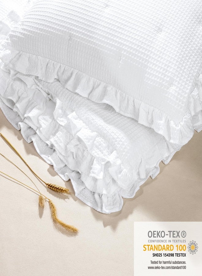ELEGANT LIFE HOME Elegant Life Waffle Collection Cotton White Waffle Ruffle Dot Embroidery Pillow Sham, Standard 20’’ x 26”, White, 1 Piece - Image 2