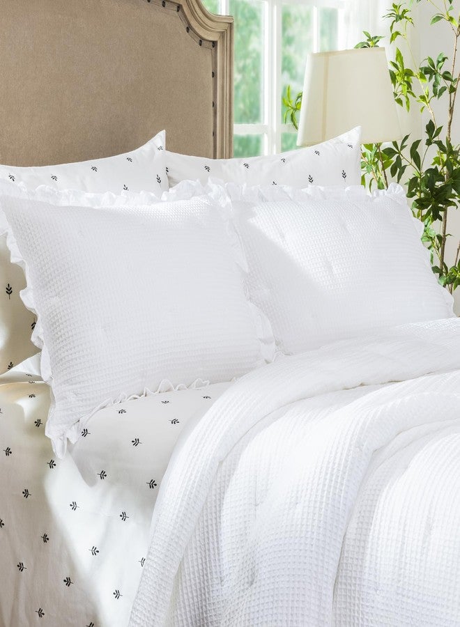 ELEGANT LIFE HOME Elegant Life Waffle Collection Cotton White Waffle Ruffle Dot Embroidery Pillow Sham, Standard 20’’ x 26”, White, 1 Piece - Image 1
