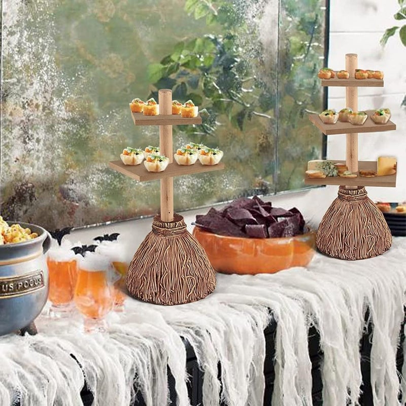 Mrisata Halloween Broom Snack Stand  3 Tier Tray Halloween Snack Tray  Candy Holder  Witch Broom Snack Tray  Party Trays for Serving Snacks  Salad  Dessert  Halloween Party  - Image 4