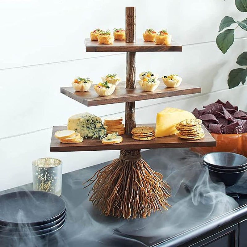 Mrisata Halloween Broom Snack Stand  3 Tier Tray Halloween Snack Tray  Candy Holder  Witch Broom Snack Tray  Party Trays for Serving Snacks  Salad  Dessert  Halloween Party  - Image 1