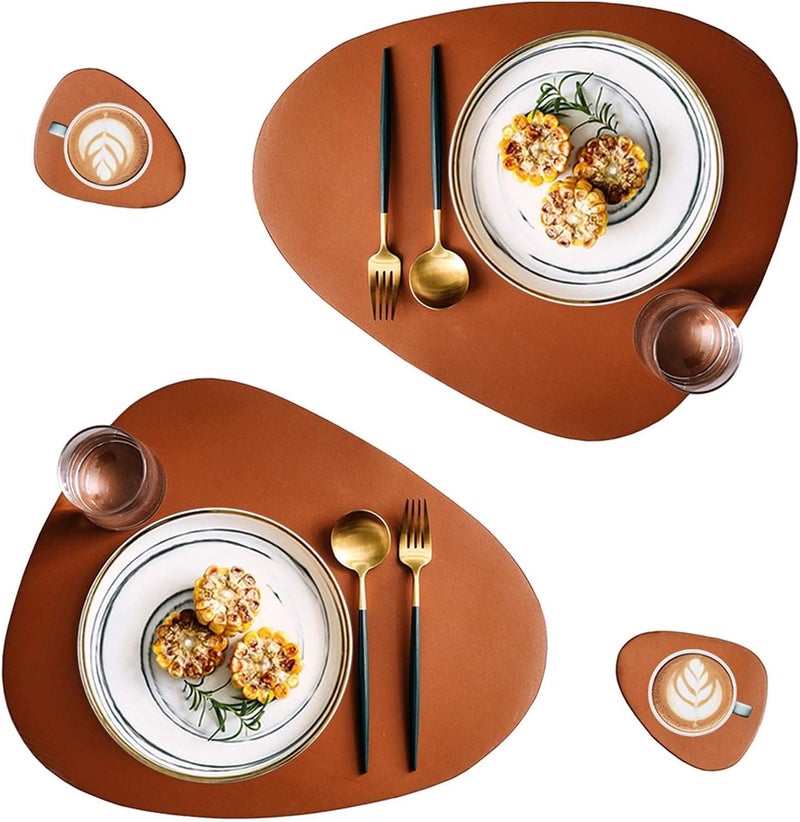 Khazna Faux Leather Placemats and Coasters Set, Round for Dinner Table Mats Heat Resistant Non-Slip Washable Insulation Coffee Kitchen Place Nordic Style (Brown, 2 Placemats+2 Coasters) - Image 1