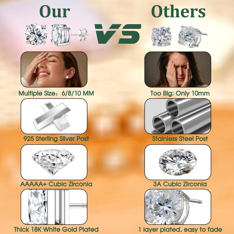 Yadoca Hypoallergenic Stud Earrings for Women Men - 925 Sterling Silver Earrings for Sensitive Ears - 6/8/10mm Cubic Zirconia Earrings Studs-18K Gold Plated Simulated Diamond CZ Halo Earrings 2/4Pairs - Image 5