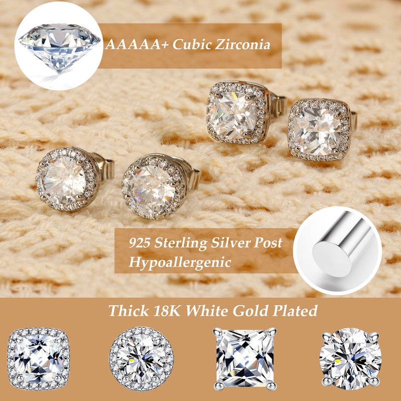 Yadoca Hypoallergenic Stud Earrings for Women Men - 925 Sterling Silver Earrings for Sensitive Ears - 6/8/10mm Cubic Zirconia Earrings Studs-18K Gold Plated Simulated Diamond CZ Halo Earrings 2/4Pairs - Image 3