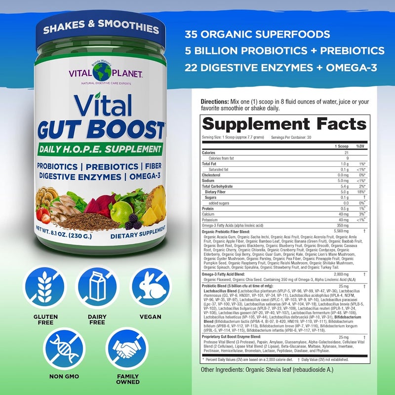 Vital Planet  Vital Gut Boost Powder by Brenda Watson PBS Gut Check Hope Supplement with Fiber 35 Omega 3 Oil Probiotics and Digestive Enzymes 81oz 230 Grams 30 Servings - Image 2