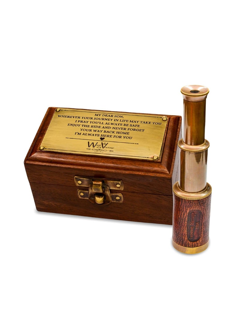 Generic Personalized 6Inch Brass Telescope with Leather Covering and Wooden Box 5X Zoom Customizable with Personal Message Ideal Gift for Your Son  - Image 2