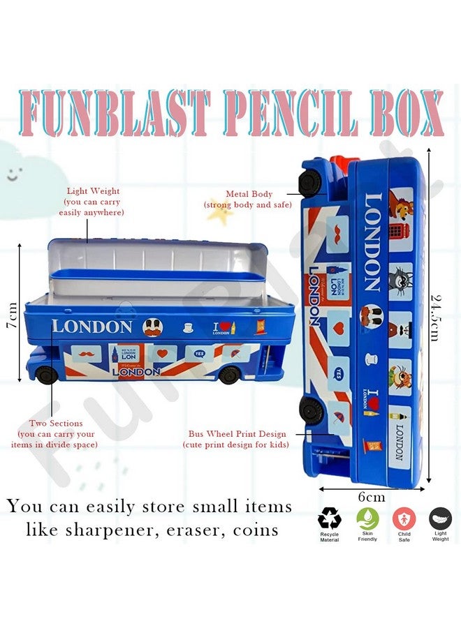 فنبلاست لعبة حافلة كرتونية من فن بلاست، صندوق أقلام معدني مع إطارات متحركة ومبراة للأطفال، صندوق هندسة حافلة (لون حافلة لندن أزرق) - Image 2