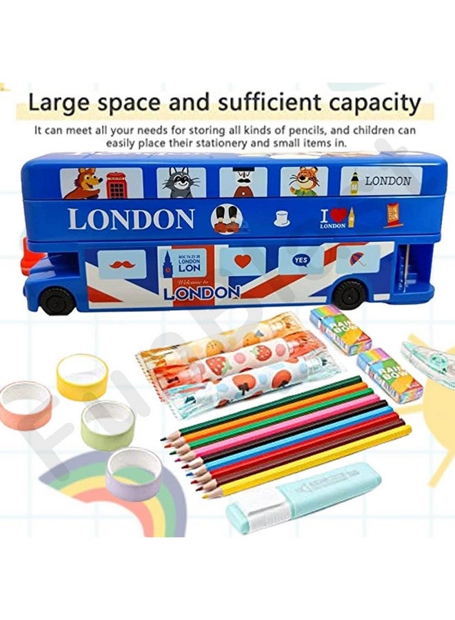 فنبلاست لعبة حافلة كرتونية من فن بلاست، صندوق أقلام معدني مع إطارات متحركة ومبراة للأطفال، صندوق هندسة حافلة (لون حافلة لندن أزرق) - Image 3