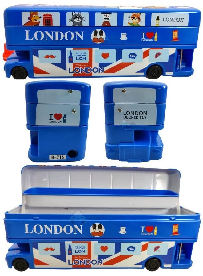 فنبلاست لعبة حافلة كرتونية من فن بلاست، صندوق أقلام معدني مع إطارات متحركة ومبراة للأطفال، صندوق هندسة حافلة (لون حافلة لندن أزرق) - Image 1