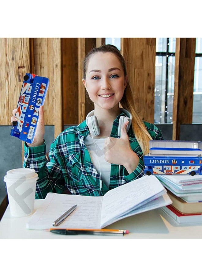 فنبلاست لعبة حافلة كرتونية من فن بلاست، صندوق أقلام معدني مع إطارات متحركة ومبراة للأطفال، صندوق هندسة حافلة (لون حافلة لندن أزرق) - Image 5