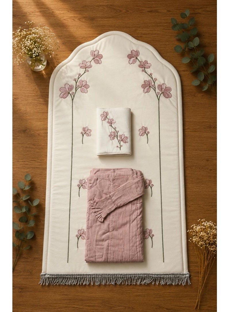 Luxury Embroidered Prayer Mat Set for Women with Matching Prayer Dress & Quran Cover – Soft Padded Islamic Salah Rug, Floral Mihrab Design, Elegant Muslim Gift for Ramadan, Eid, Hajj & Umrah