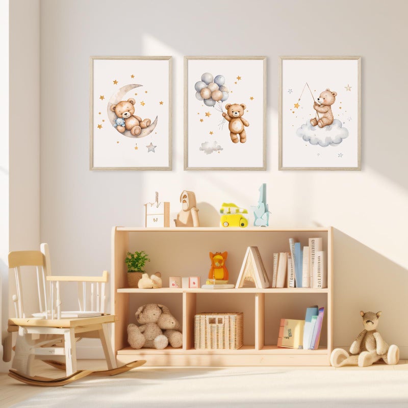 Baccone Teddy Bear Nursery Wall Art Decor Baby Boy Girl Room Poster Vintage Nursery Canvas Wall Decor Toddler Kids Room Pictures Cute Bear Neutral Artwork for Bedroom Playroom 12x16 Framed Set of 3 - Image 4
