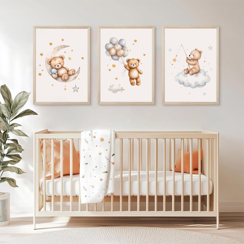 Baccone Teddy Bear Nursery Wall Art Decor Baby Boy Girl Room Poster Vintage Nursery Canvas Wall Decor Toddler Kids Room Pictures Cute Bear Neutral Artwork for Bedroom Playroom 12x16 Framed Set of 3 - Image 3