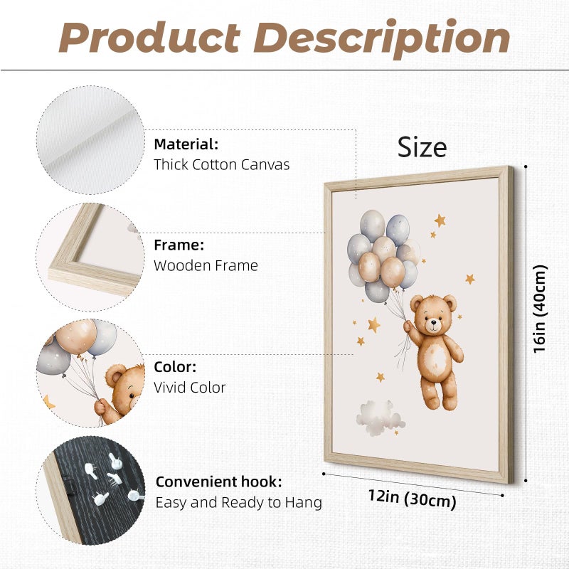Baccone Teddy Bear Nursery Wall Art Decor Baby Boy Girl Room Poster Vintage Nursery Canvas Wall Decor Toddler Kids Room Pictures Cute Bear Neutral Artwork for Bedroom Playroom 12x16 Framed Set of 3 - Image 2