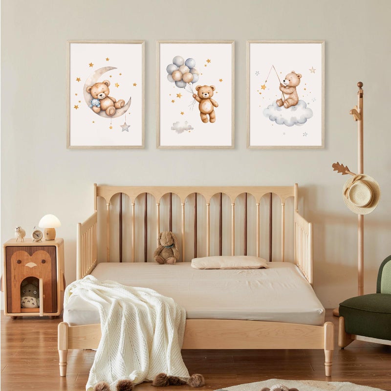 Baccone Teddy Bear Nursery Wall Art Decor Baby Boy Girl Room Poster Vintage Nursery Canvas Wall Decor Toddler Kids Room Pictures Cute Bear Neutral Artwork for Bedroom Playroom 12x16 Framed Set of 3 - Image 5