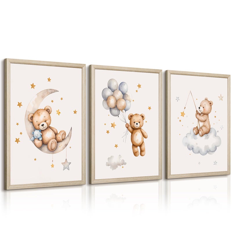 Baccone Teddy Bear Nursery Wall Art Decor Baby Boy Girl Room Poster Vintage Nursery Canvas Wall Decor Toddler Kids Room Pictures Cute Bear Neutral Artwork for Bedroom Playroom 12x16 Framed Set of 3 - Image 1