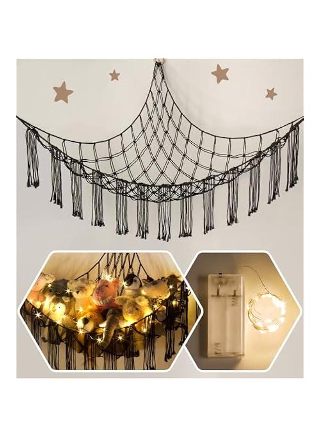 Generic Macrame Stuffed Animal Hammock Corner with LED Light - Black Toy Storage Hammock Plushie Net Organizer Display - Teddy Bear Stuffy Hammocks - Boy Bedroom Decor Cool  - Image 1