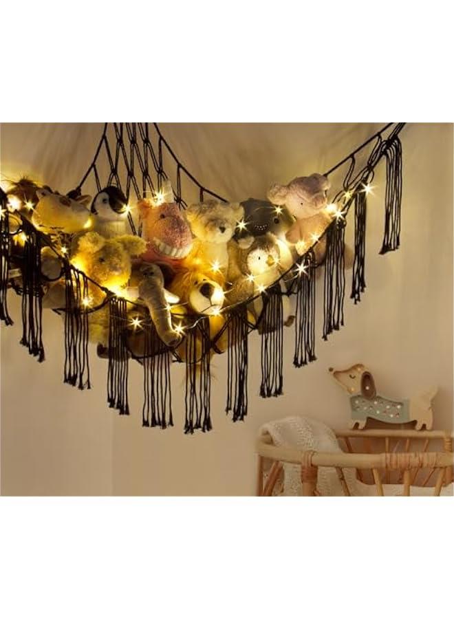 Generic Macrame Stuffed Animal Hammock Corner with LED Light - Black Toy Storage Hammock Plushie Net Organizer Display - Teddy Bear Stuffy Hammocks - Boy Bedroom Decor Cool  - Image 3