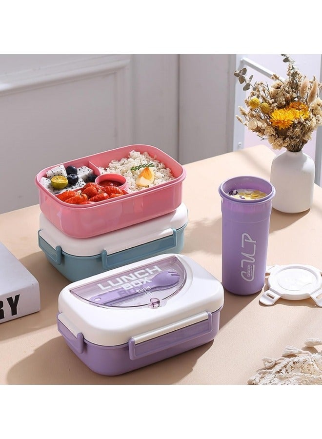 GGEROU Bento Lunch Box Water Cup Set for Kids,1000ml Bento Lunch Box Set with 400ml Water Bottle, 4 Compartments Portions Lunchbox with Tableware and Sauce Containers Purple - Image 4