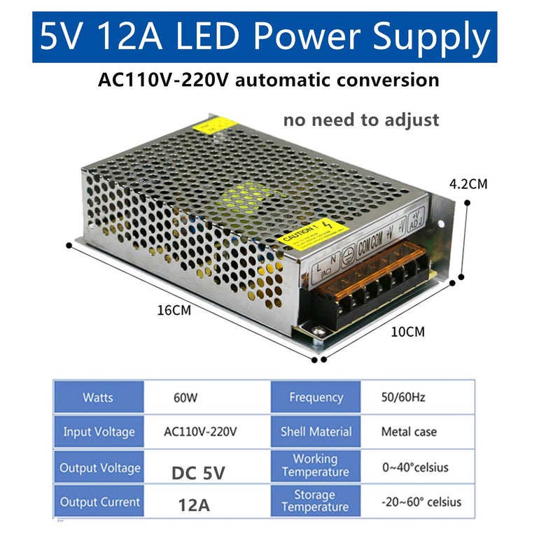 Phevos DC 5V 12A Power Supply, AC 110/120 to DC 5V Universal Switching Transformer Adapter for Raspberry PI Models, CCTV, Radio, Computer Project, LED Strips Pixel Lights - Image 3