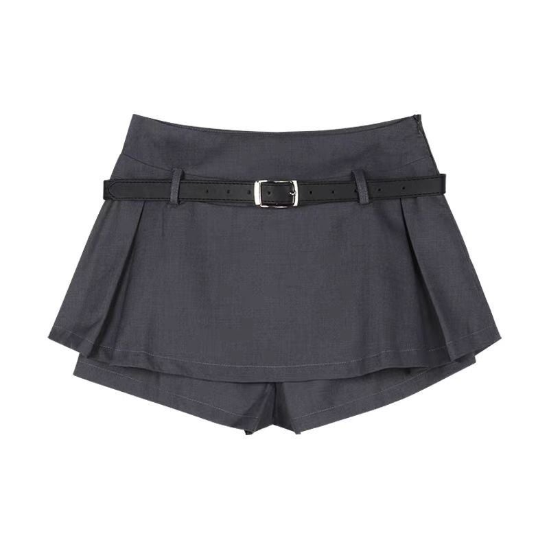 Silk-Smooth Waist-Cinched Collared Shirt  Skirt Set for Women Dark Grey Culottes