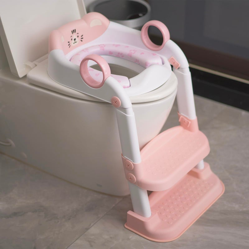 Clock King Potty Training Seat, Cute Tiger Design Elements, Foldable Toilet Seat with Soft Cushion, Suitable for Both Boys and Girls, with Splash Guard Anti-Slip Pad Step Stool(Pink) - Image 1