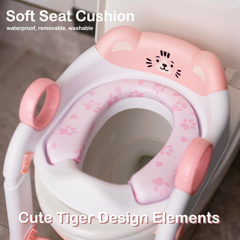 Clock King Potty Training Seat, Cute Tiger Design Elements, Foldable Toilet Seat with Soft Cushion, Suitable for Both Boys and Girls, with Splash Guard Anti-Slip Pad Step Stool(Pink) - Image 2