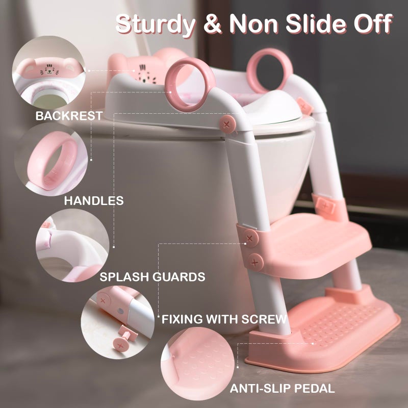 Clock King Potty Training Seat, Cute Tiger Design Elements, Foldable Toilet Seat with Soft Cushion, Suitable for Both Boys and Girls, with Splash Guard Anti-Slip Pad Step Stool(Pink) - Image 5