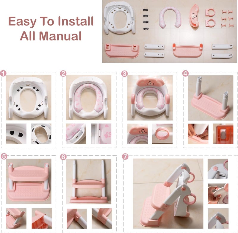 Clock King Potty Training Seat, Cute Tiger Design Elements, Foldable Toilet Seat with Soft Cushion, Suitable for Both Boys and Girls, with Splash Guard Anti-Slip Pad Step Stool(Pink) - Image 3