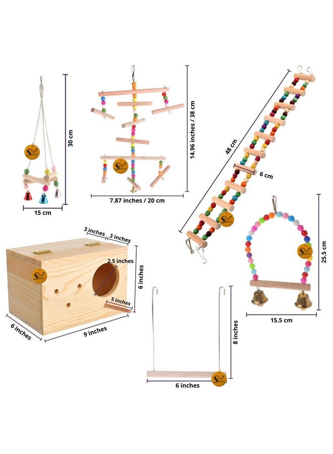 سايج سكوير مجموعة ألعاب الطيور الخشبية | سلم، صندوق تربية، أرجوحة، ملحق قفص معلق | للبادجي، الببغاء، الكوكتيل، الببغاء البري، الكونيور، المكاو وما إلى ذلك - Image 2
