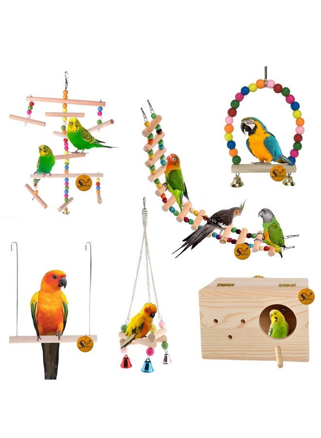 سايج سكوير مجموعة ألعاب الطيور الخشبية | سلم، صندوق تربية، أرجوحة، ملحق قفص معلق | للبادجي، الببغاء، الكوكتيل، الببغاء البري، الكونيور، المكاو وما إلى ذلك - Image 1