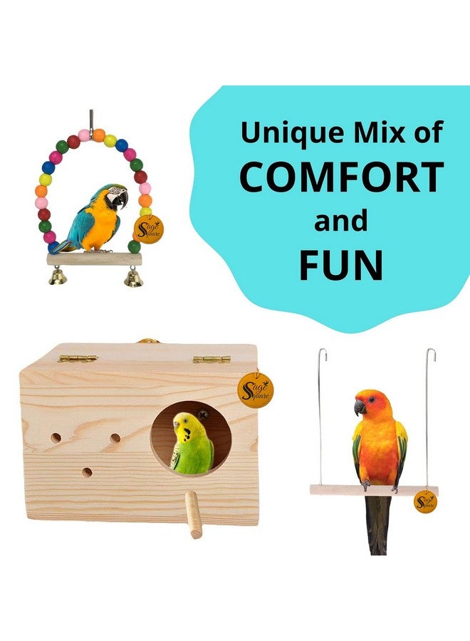 سايج سكوير مجموعة ألعاب الطيور الخشبية | سلم، صندوق تربية، أرجوحة، ملحق قفص معلق | للبادجي، الببغاء، الكوكتيل، الببغاء البري، الكونيور، المكاو وما إلى ذلك - Image 5