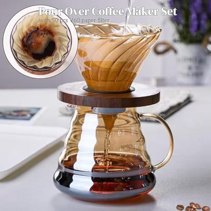 KASTWAVE Pour Over Coffee Maker Set 20 Oz 600 Ml Borosilicate Glass Coffee Server With Glass Lid Walnut Handle Pour Over Coffee Dripper For Home Caf Restaurant Gold - Image 2