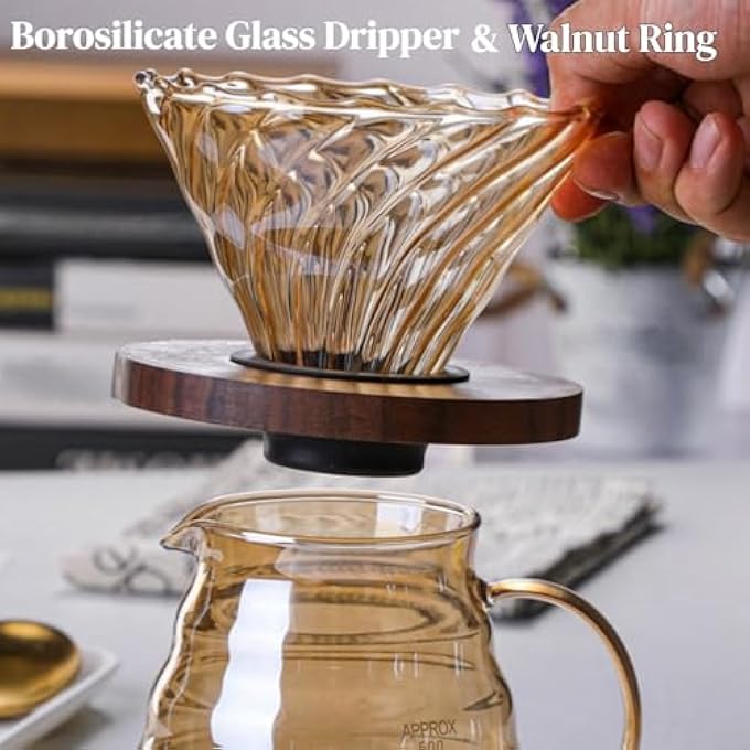KASTWAVE Pour Over Coffee Maker Set 20 Oz 600 Ml Borosilicate Glass Coffee Server With Glass Lid Walnut Handle Pour Over Coffee Dripper For Home Caf Restaurant Gold - Image 4