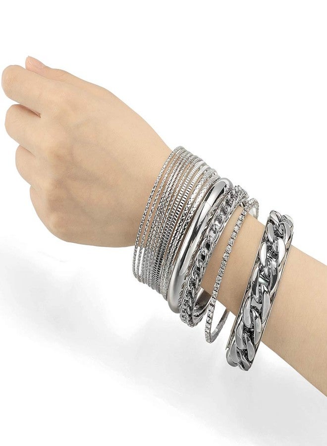 Ensoul Shiny Silver Color Multiple Textured Metal Bracelets & Bangles Set 14Pcs/Set W/Rhinestones - Image 2