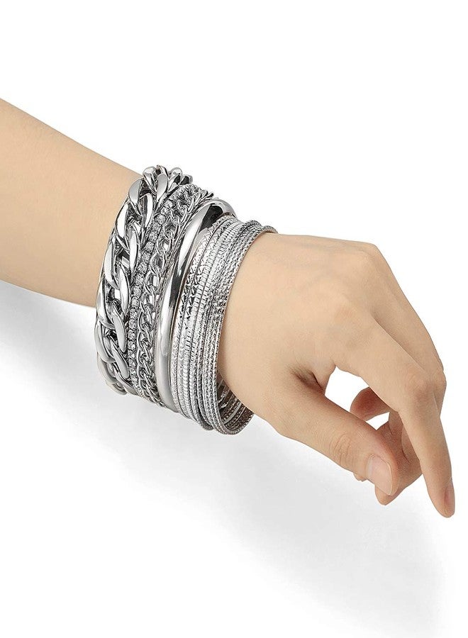 Ensoul Shiny Silver Color Multiple Textured Metal Bracelets & Bangles Set 14Pcs/Set W/Rhinestones - Image 3