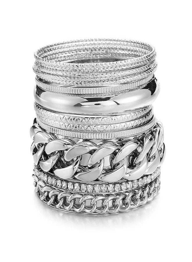 Ensoul Shiny Silver Color Multiple Textured Metal Bracelets & Bangles Set 14Pcs/Set W/Rhinestones - Image 1