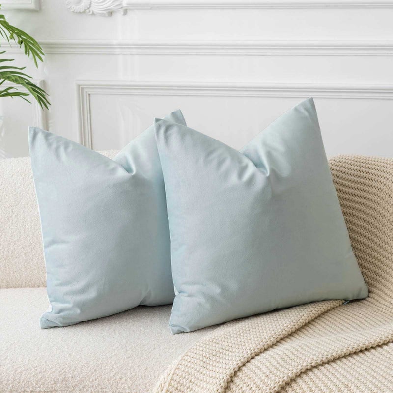 JUSPURBET Powder Blue Velvet Throw Pillow Covers 26x26 inch Set of 2 for Living Room Couch Sofa Bedroom Decorative Square Solid Soft Cushion Cases with Invisible Zipper