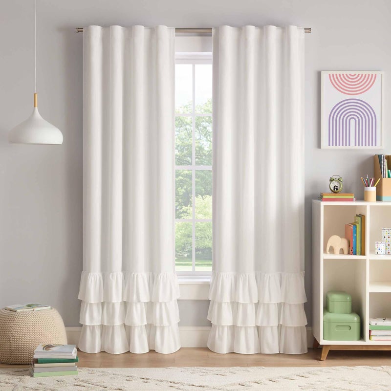 Eclipse Blackout Curtains, Tiered Ruffle Kids Curtains, 84 in x 40 in, Thermaback 100% Blackout Curtains with Rod Pocket Header, Curtains for Kids Room or Playroom, 1 Window Curtain, White - Image 1