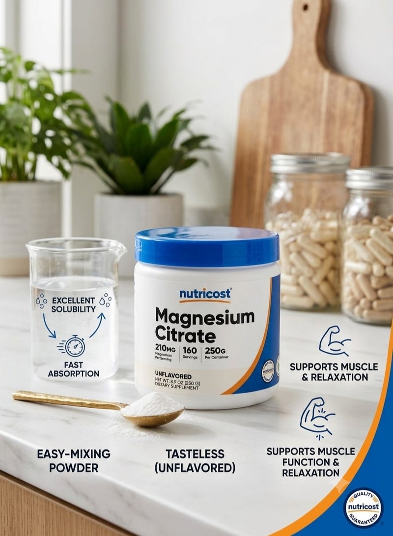 Nutricost Magnesium Citrate Powder 250g – Unflavored Magnesium Supplement for Muscle, Nerve & Bone Support - Image 2