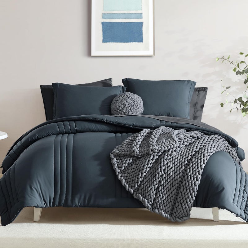 Monbix Twin XL Size Comforter Set Extra Long 5 Pieces Dorm Bedding Sets Quilting Design Fluffy Bed in a Bag Twin XL with Sheets Pillowcase ShamBlue Grey