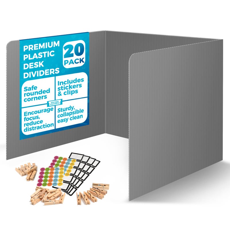 Storage Standard 20-Pack Desk Dividers for Students - Durable & Waterproof Plastic Privacy Shield Divider, Classroom Folders Teacher Supplies, Easy-to-Clean Plastic Study Carrel Folder Boards for Student Desks, Grey - Image 1