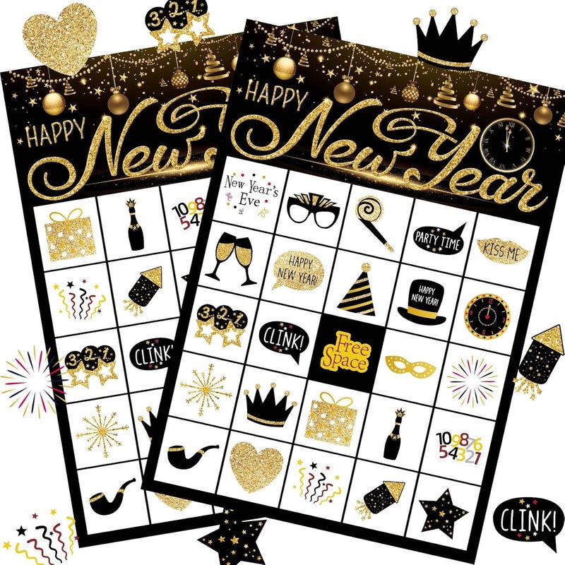 Funnlot New Year Eve Games 24 Players New Year Eve Bingo New Year Games for Kids New Year Bingo Game Cards for School New Years Eve Kids Activities New Years Party Supplies - Image 1
