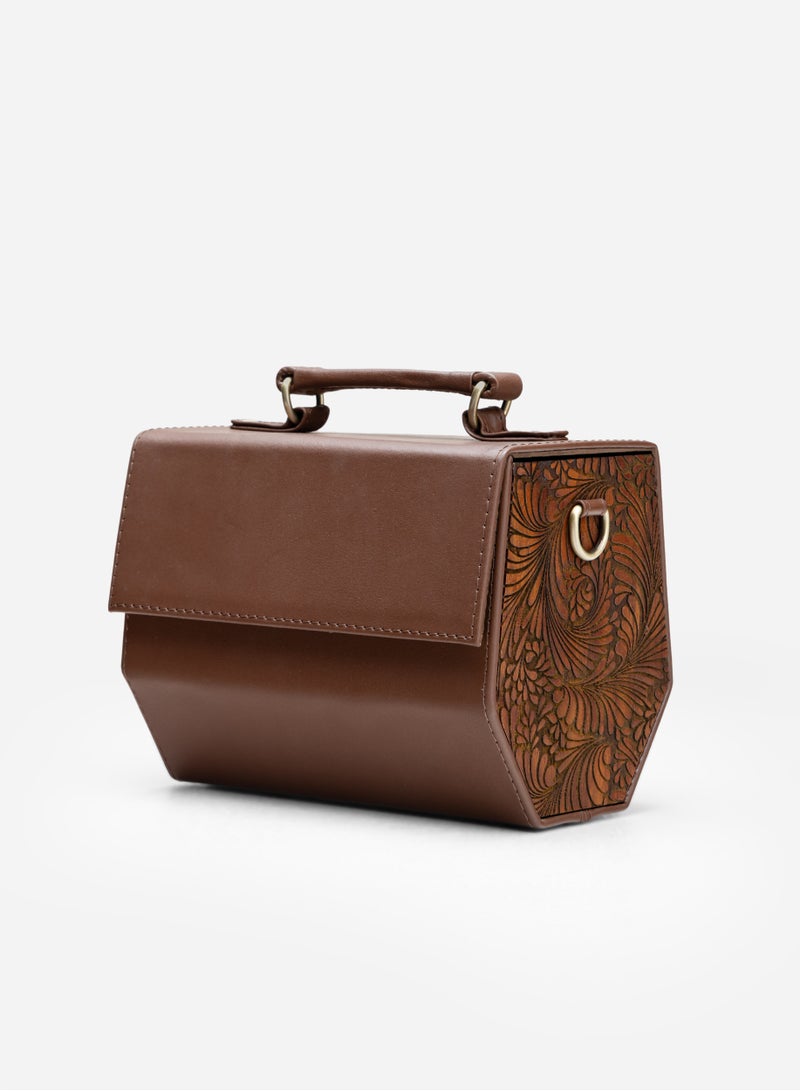 FABRICA KRAFT Fabricakraft handcrafted angelica brown leather bag with intricate wood carving  - Image 1