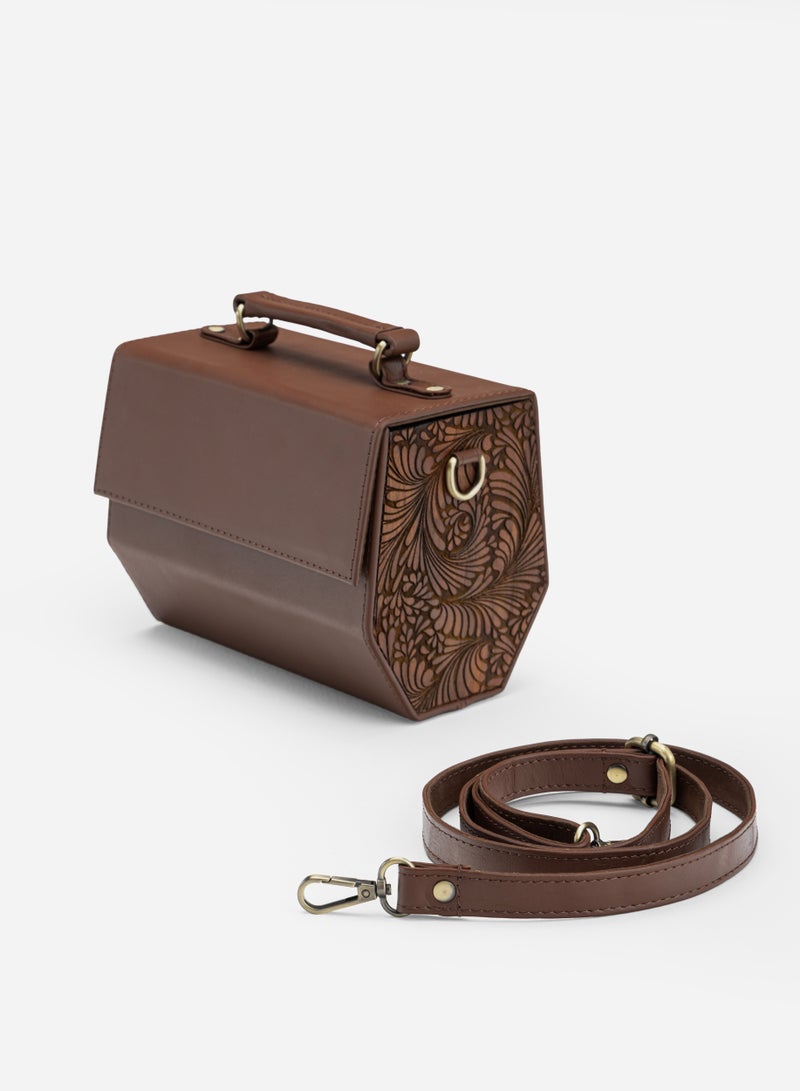 FABRICA KRAFT Fabricakraft handcrafted angelica brown leather bag with intricate wood carving  - Image 3